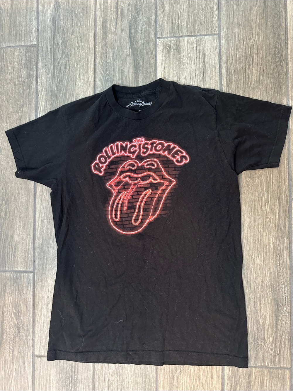 The Rolling Stones Black Tee with Red Neon Tongue. Size Medium